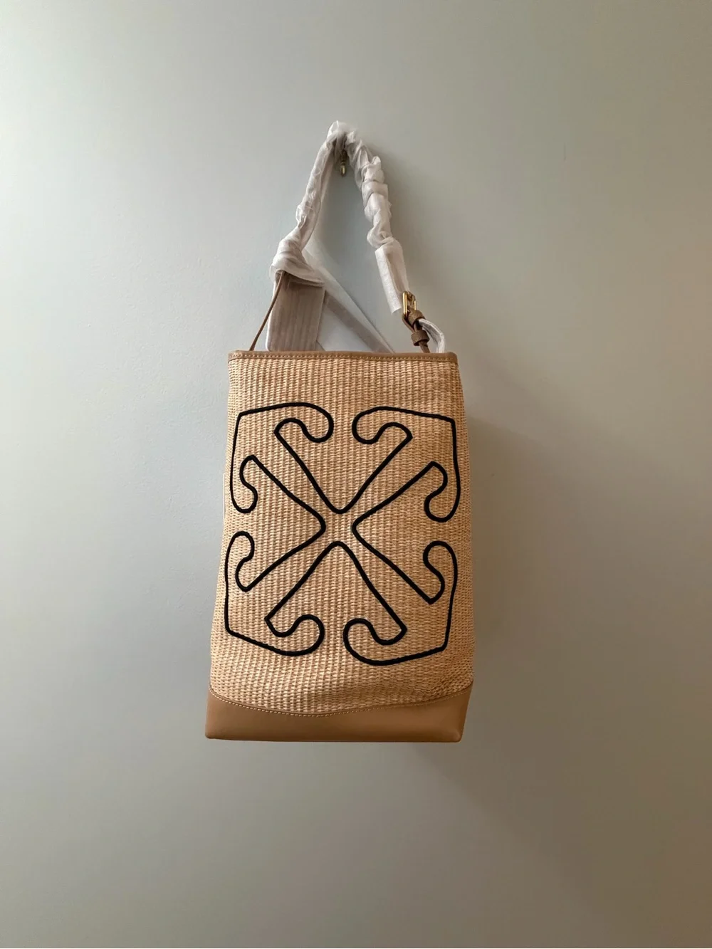 Off-White Beige Woven Logo Tote with Tan Leather Base
